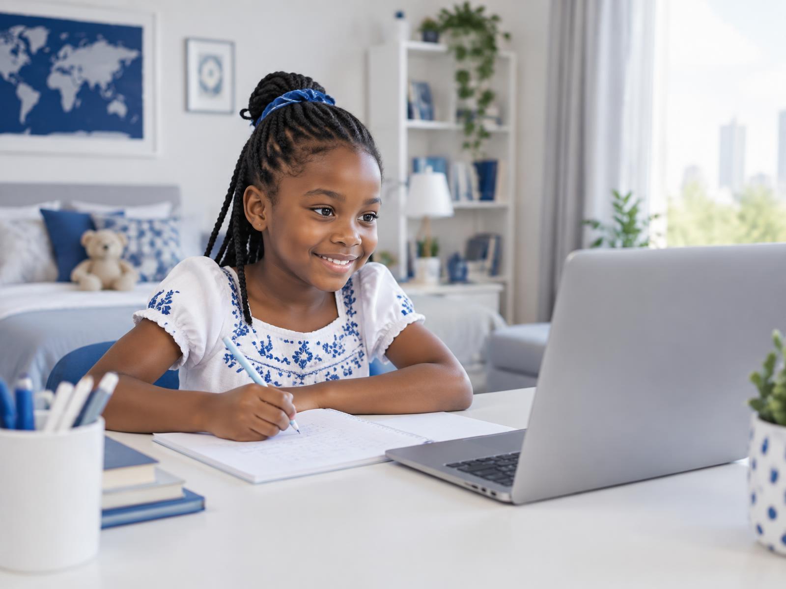 A primary school student enjoying an online lesson