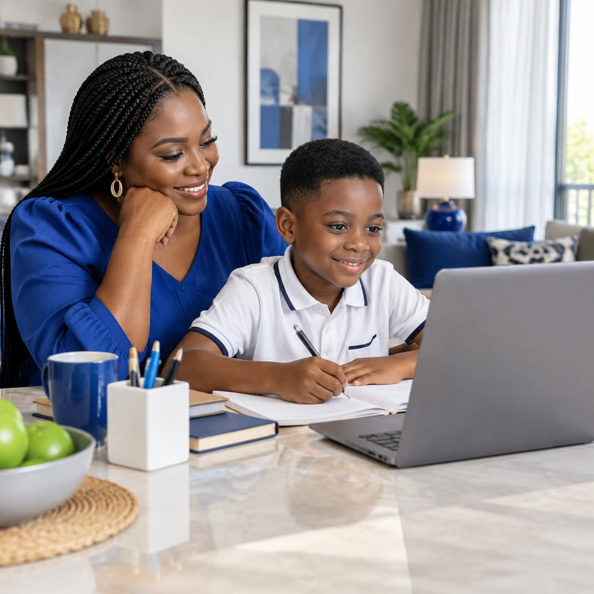 A parent supporting her child during online tutoring